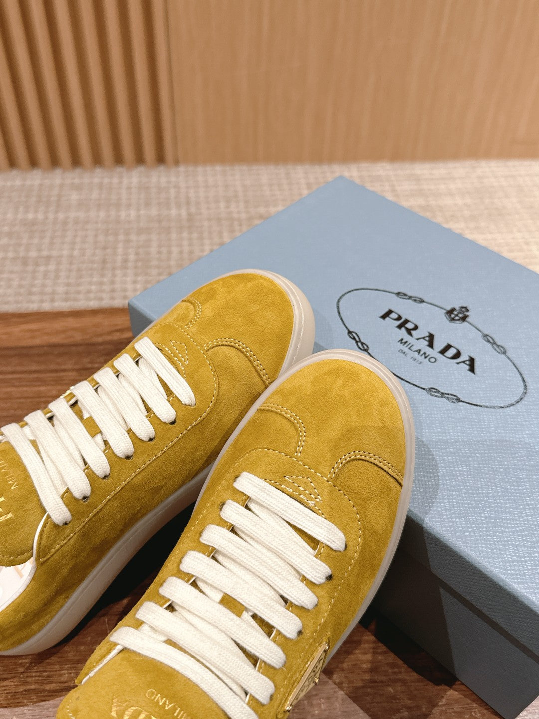 Prada New White Sneakers, Suede Yellow