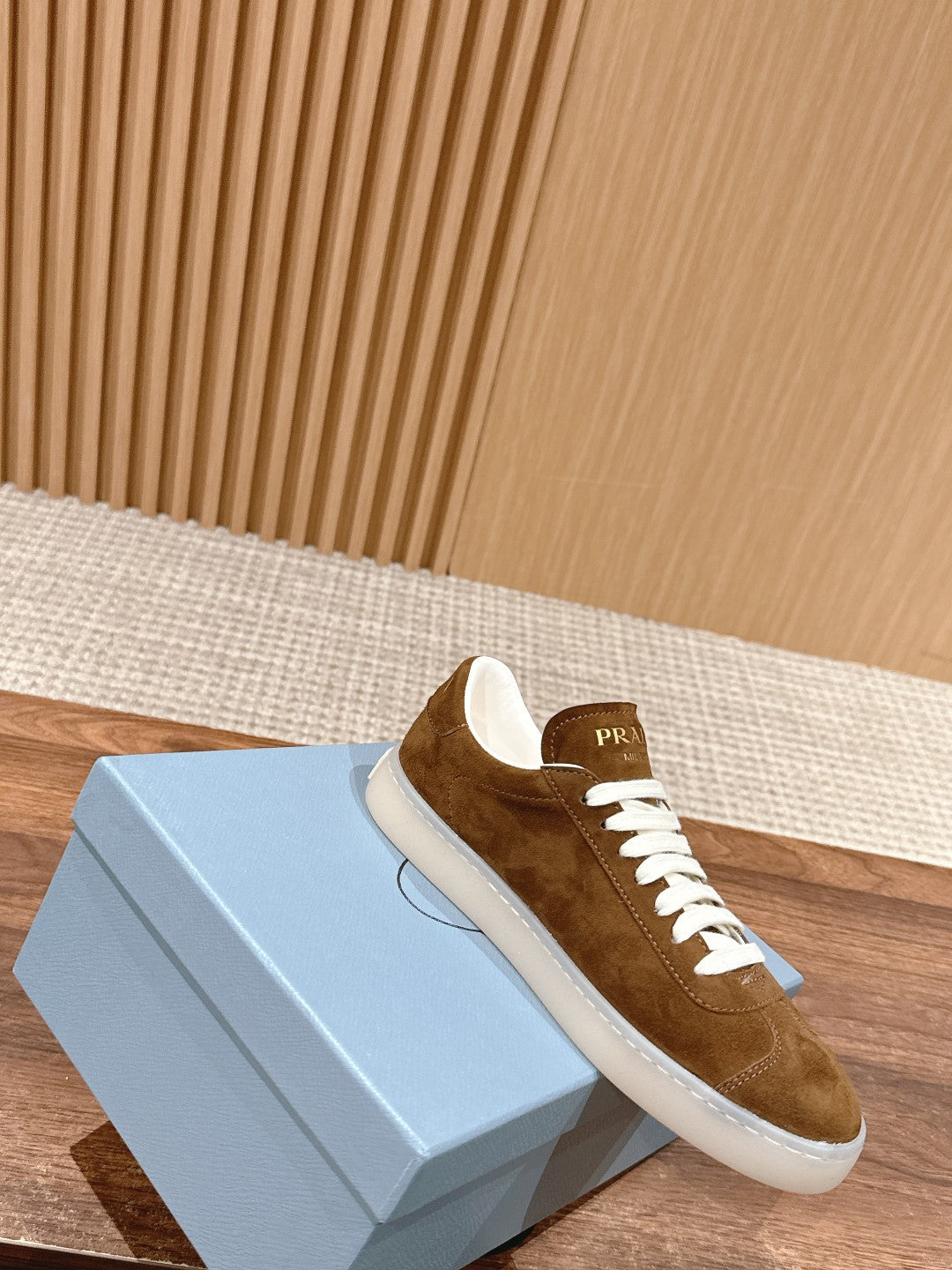 Prada New White Sneakers, Suede Brown