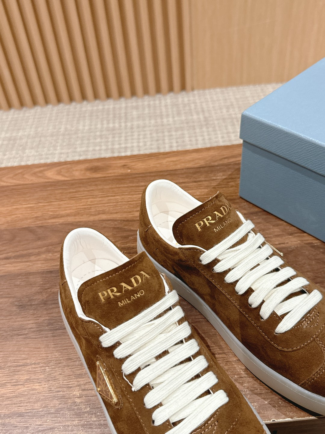 Prada New White Sneakers, Suede Brown