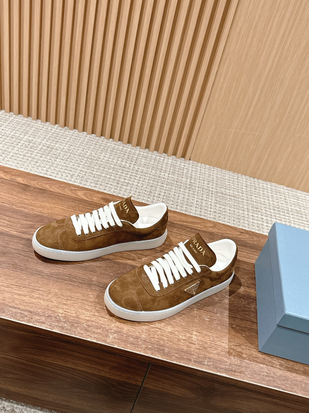 Prada New White Sneakers, Suede Brown