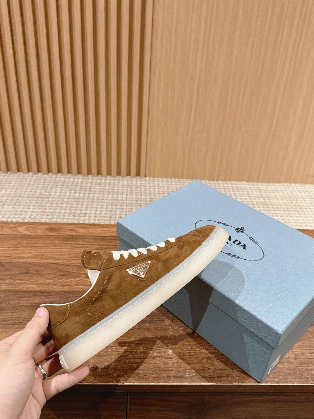 Prada New White Sneakers, Suede Brown