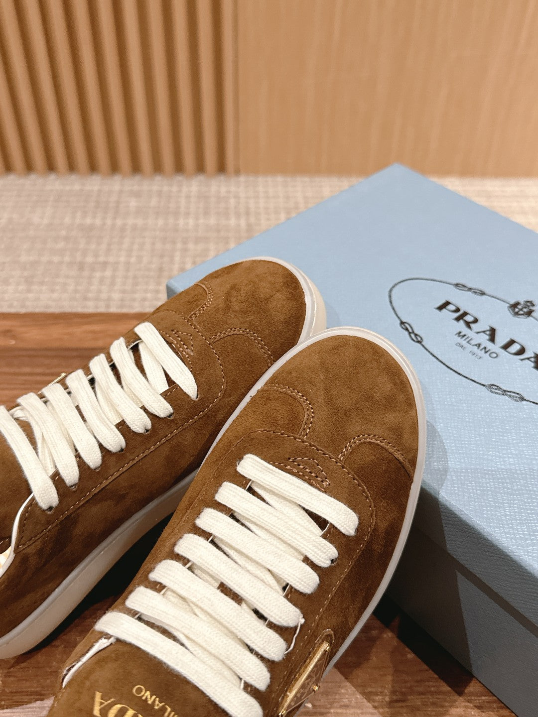Prada New White Sneakers, Suede Brown