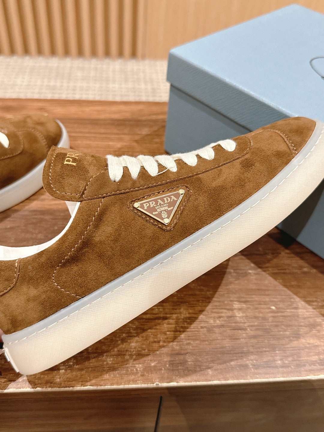 Prada New White Sneakers, Suede Brown