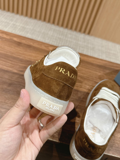 Prada New White Sneakers, Suede Brown