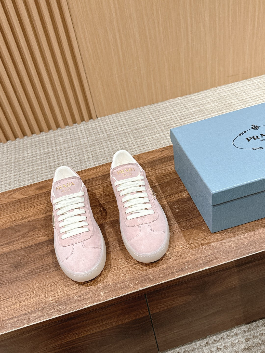 Prada New White Sneakers, Suede Pink