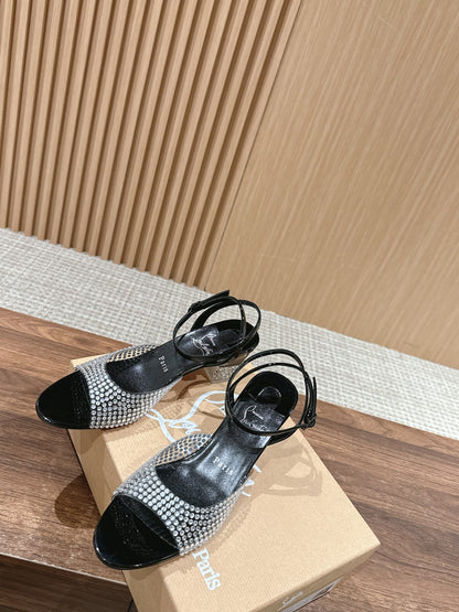 Christian Louboutin Crystal-Embellished Red-Sole Sandals, Black Open-toe