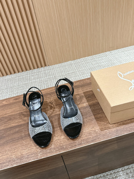 Christian Louboutin Crystal-Embellished Red-Sole Sandals, Black Open-toe