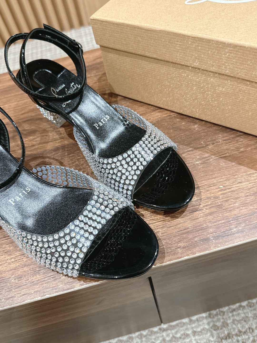 Christian Louboutin Crystal-Embellished Red-Sole Sandals, Black Open-toe