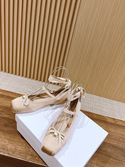 Dior Runway Silk-Tie Ballet Flats, Biege