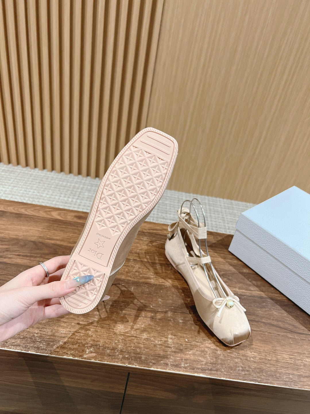 Dior Runway Silk-Tie Ballet Flats, Biege