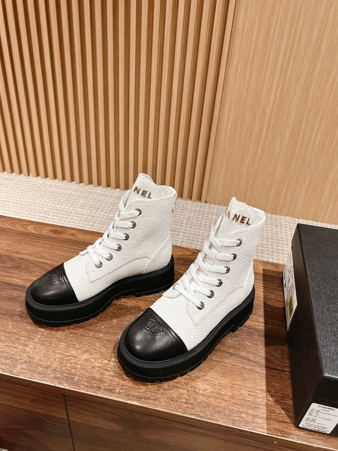 CHANEL Canvas Thick-Sole Ankle Boots, White