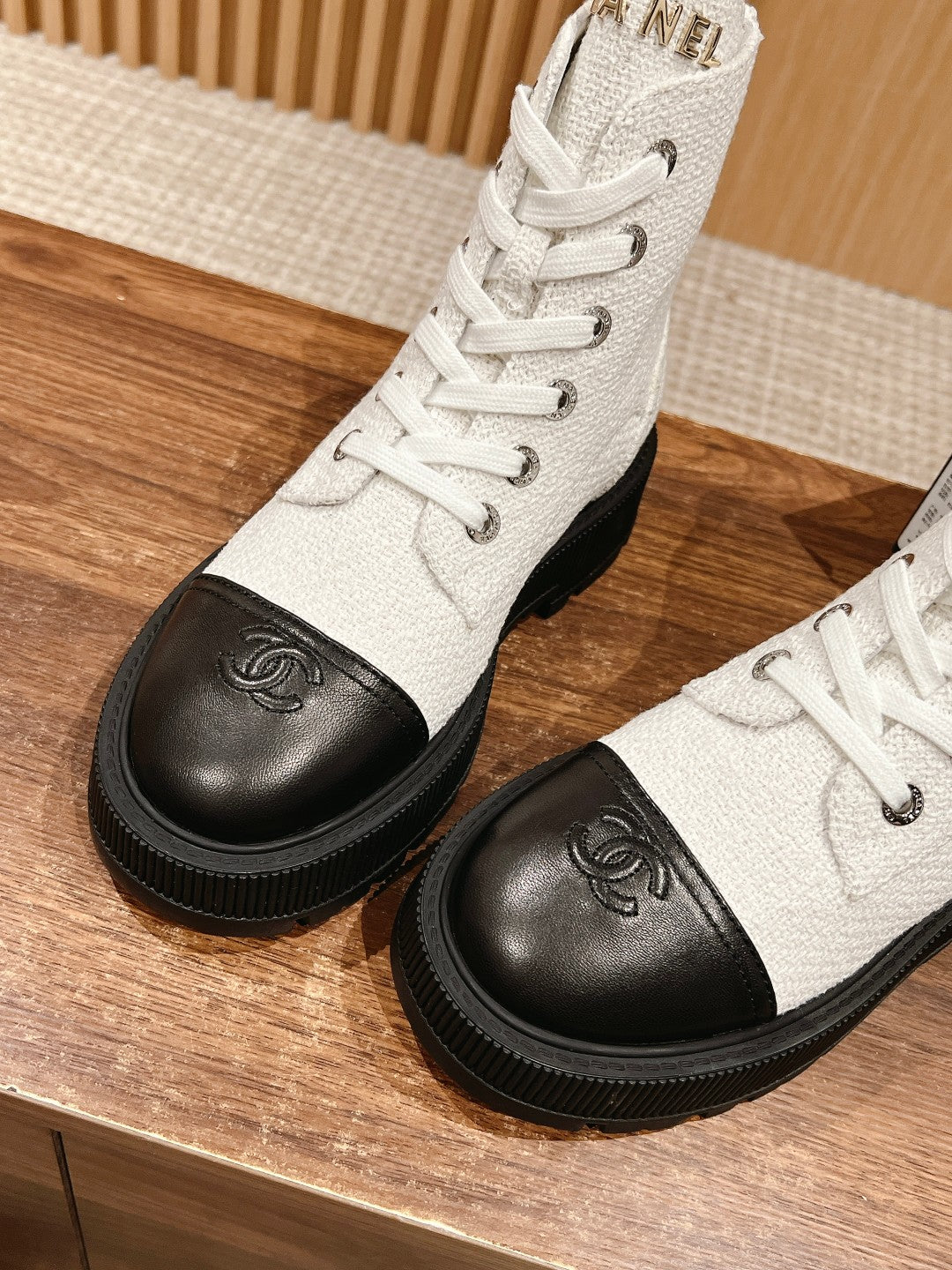 CHANEL Canvas Thick-Sole Ankle Boots, White