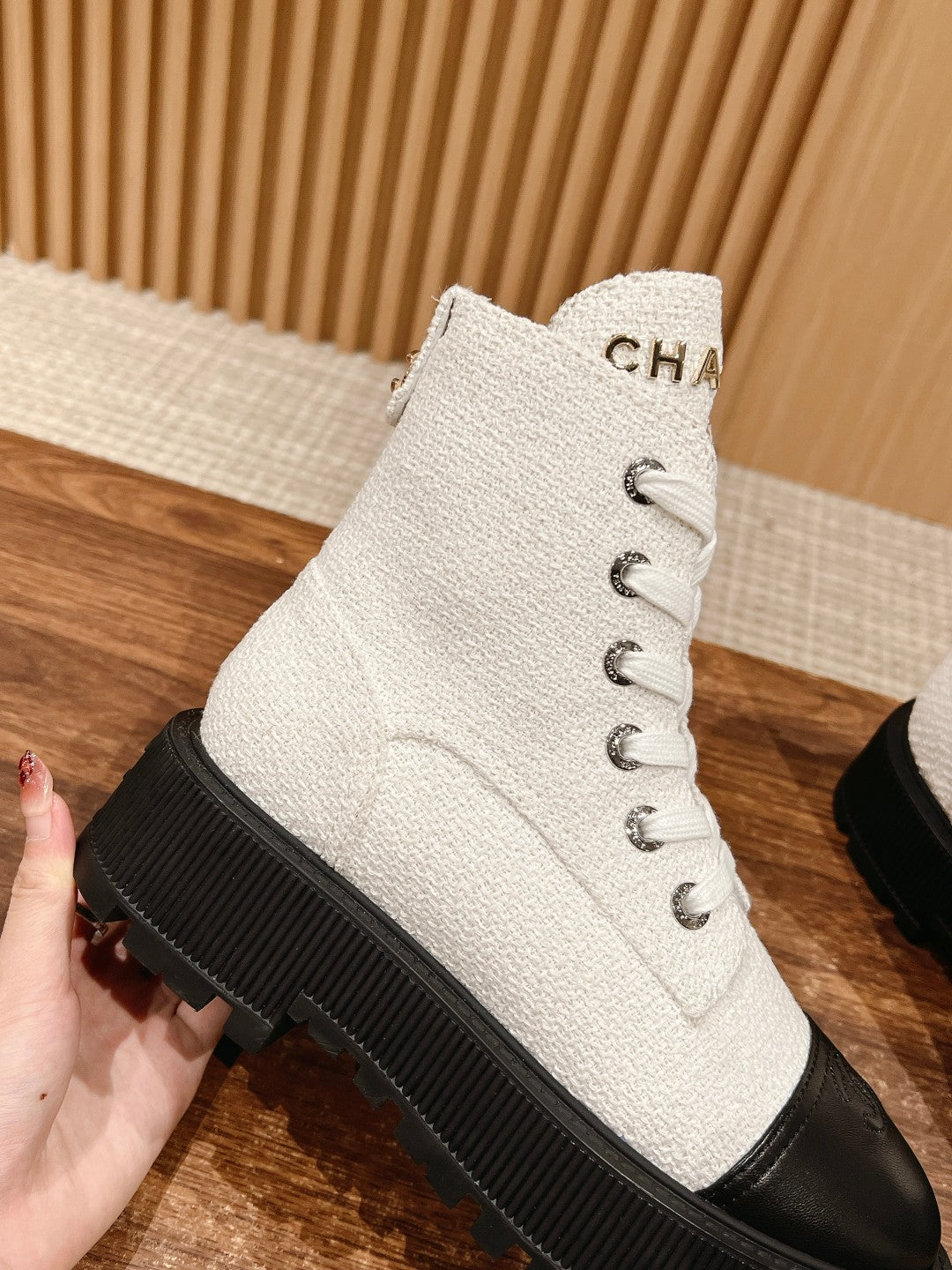 CHANEL Canvas Thick-Sole Ankle Boots, White