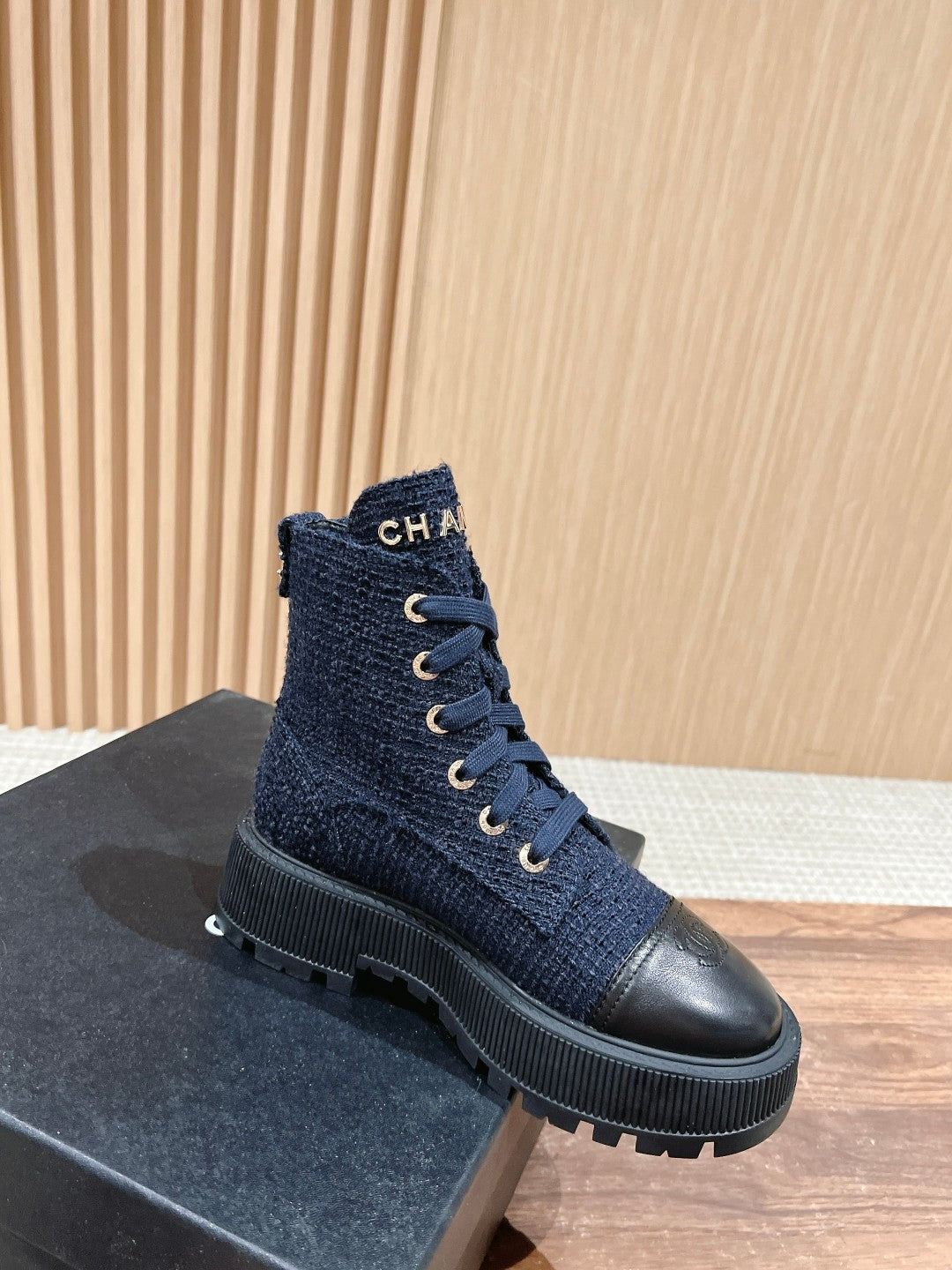 CHANEL Canvas Thick-Sole Ankle Boots, Blue