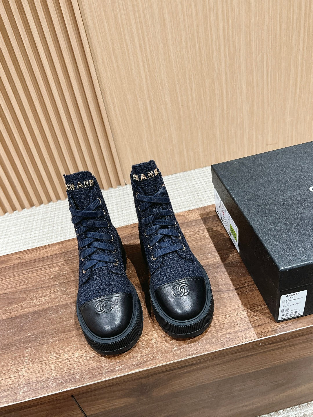 CHANEL Canvas Thick-Sole Ankle Boots, Blue