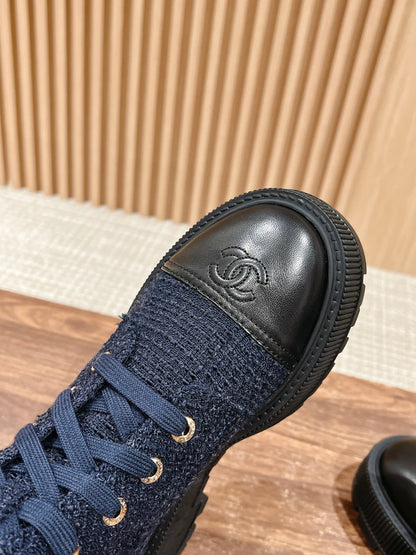 CHANEL Canvas Thick-Sole Ankle Boots, Blue