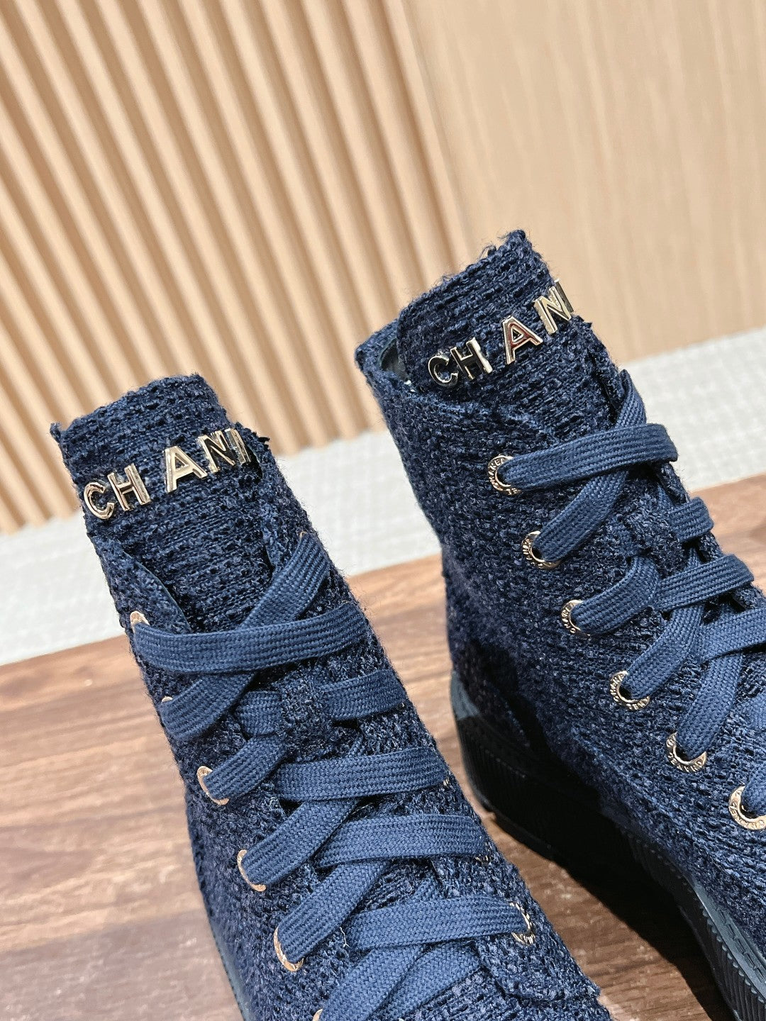 CHANEL Canvas Thick-Sole Ankle Boots, Blue