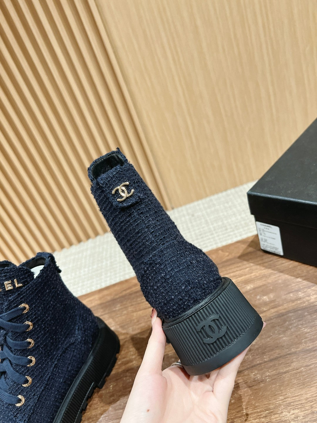 CHANEL Canvas Thick-Sole Ankle Boots, Blue