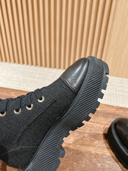 CHANEL Canvas Thick-Sole Ankle Boots, Black