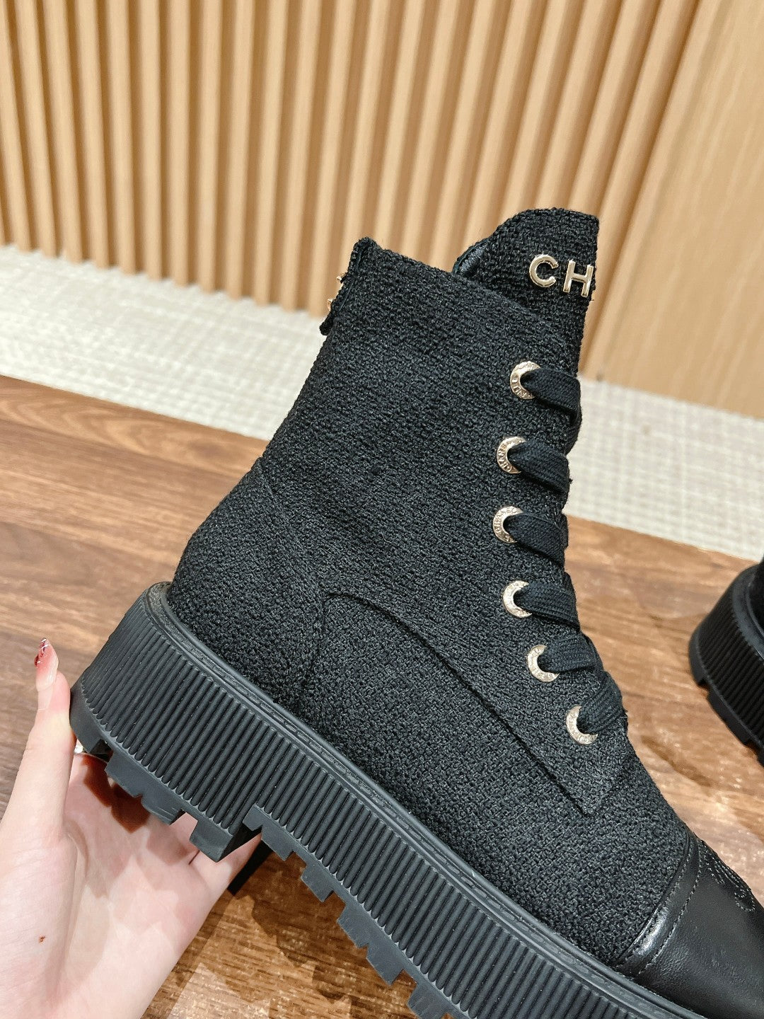 CHANEL Canvas Thick-Sole Ankle Boots, Black