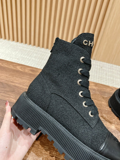 CHANEL Canvas Thick-Sole Ankle Boots, Black