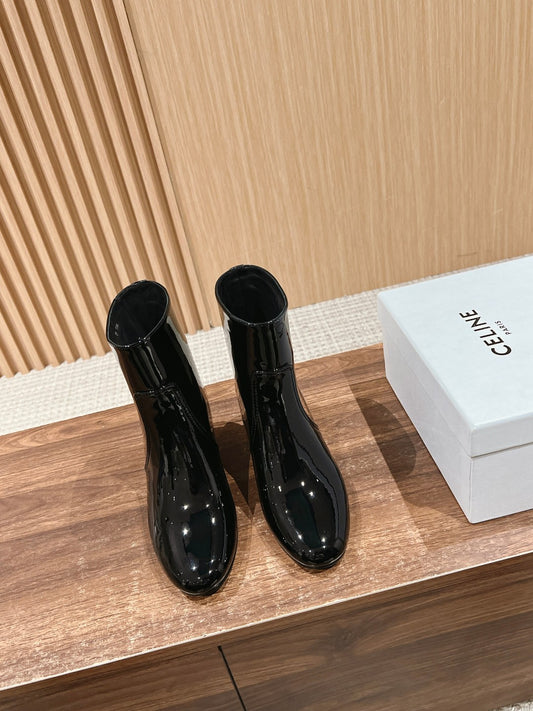 CELINE Triomphe Space-Age Patent-Leather Mid-Calf Boots, Black