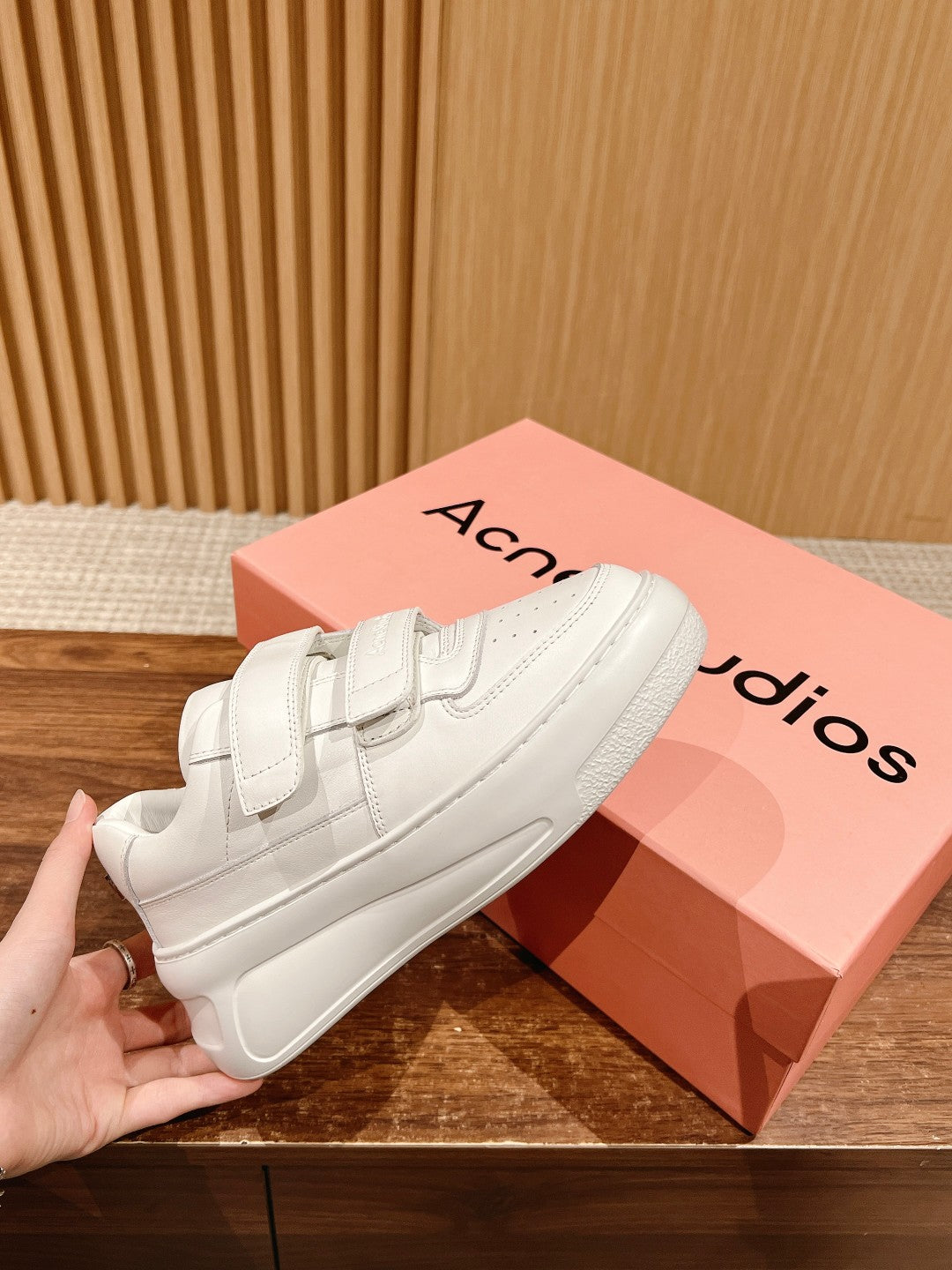 ACNE STUDIOS Boutique Chunky-Sole Smile-Face Velcro Sneakers, White Logo