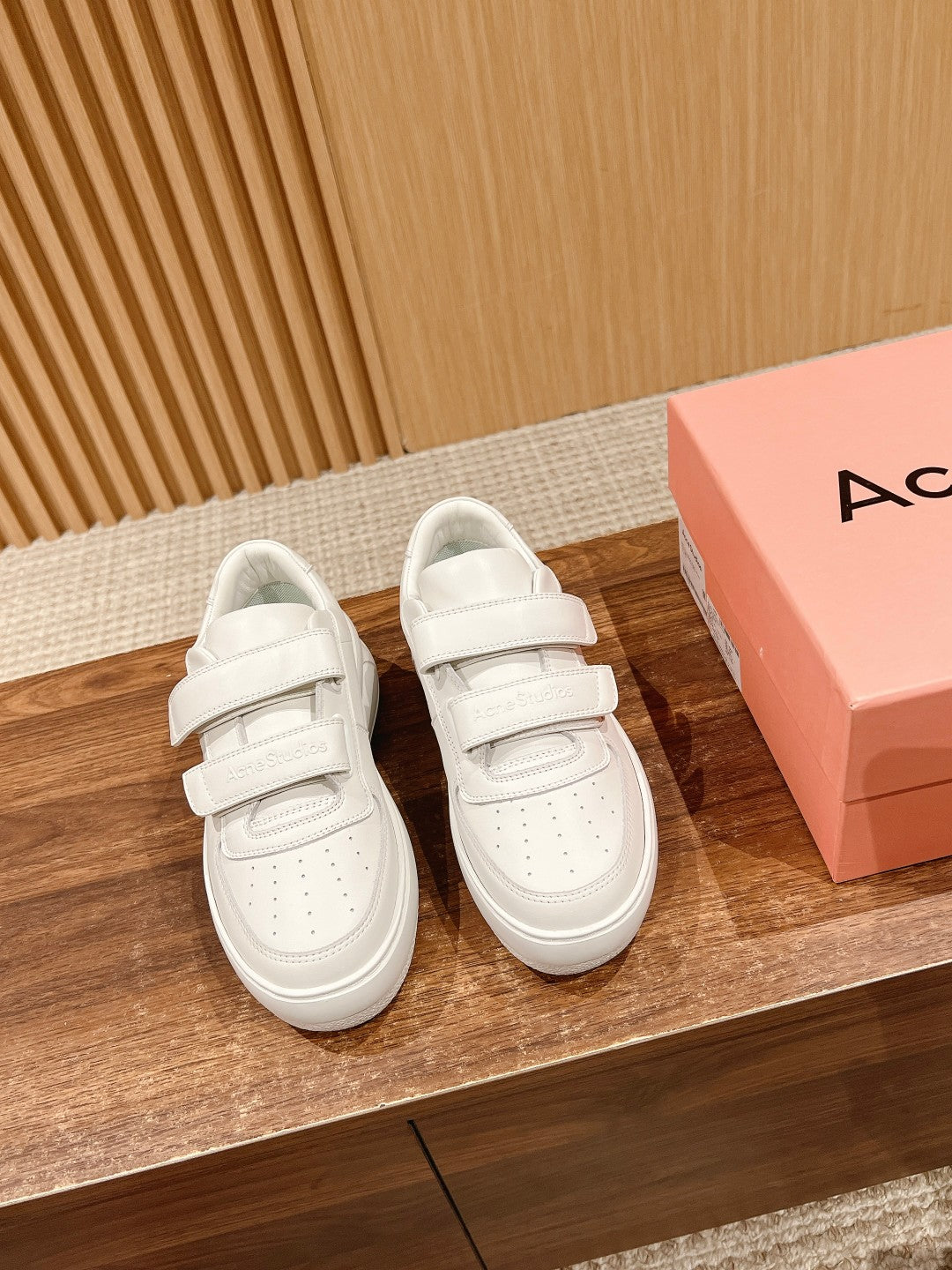 ACNE STUDIOS Boutique Chunky-Sole Smile-Face Velcro Sneakers, White Logo