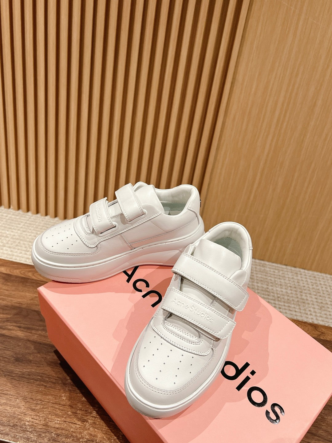 ACNE STUDIOS Boutique Chunky-Sole Smile-Face Velcro Sneakers, White Logo