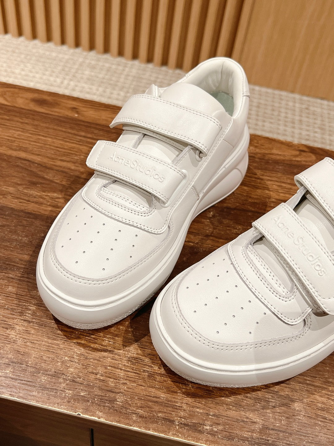 ACNE STUDIOS Boutique Chunky-Sole Smile-Face Velcro Sneakers, White Logo