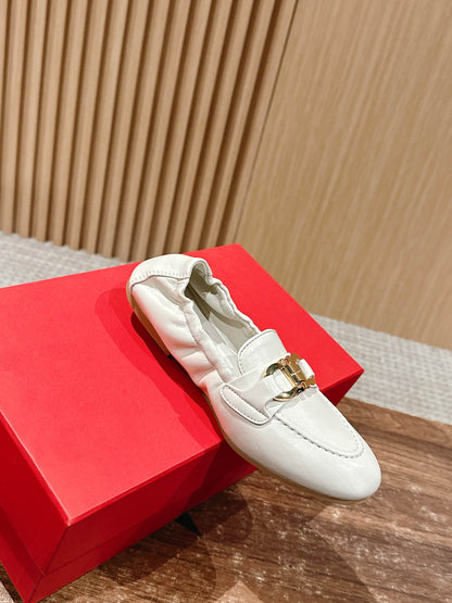 Ferragamo Horsebit Ballet Flats (egg-roll shoes), White