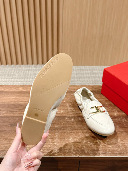 Ferragamo Horsebit Ballet Flats (egg-roll shoes), White