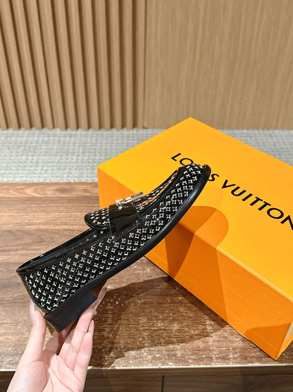 Louis Vuitton New Lock-Strap Ballet Flats – Laser-Cut Perforated Loafers, Black