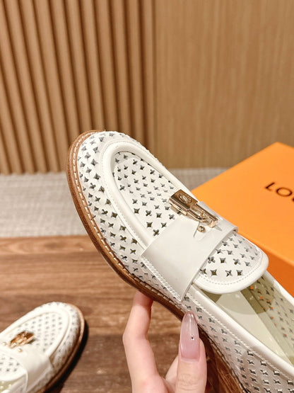 Louis Vuitton New Lock-Strap Ballet Flats – Laser-Cut Perforated Loafers, White