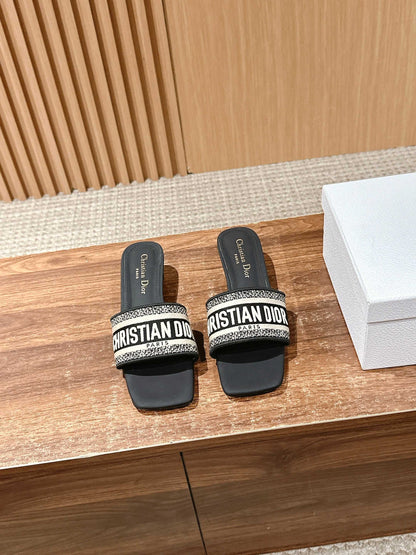 Dior Embroidered Slides, Square-Toe 01