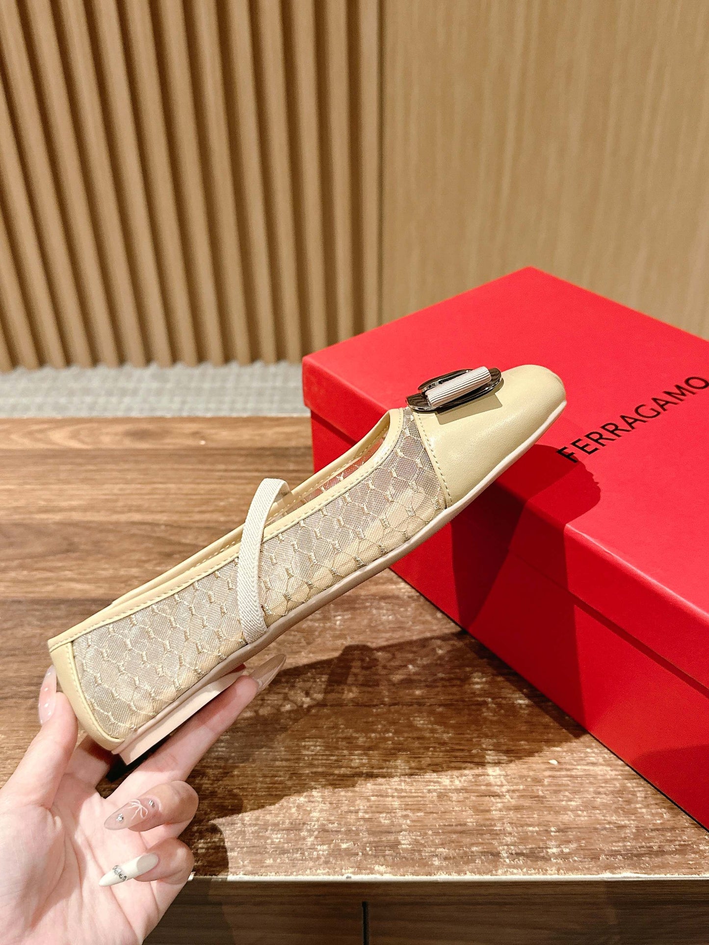 Ferragamo FAM Ballet Lace Flats, Beige