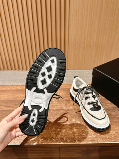 Chanel Double C Square-Round Toe Lace-Up Casual Shoes, White