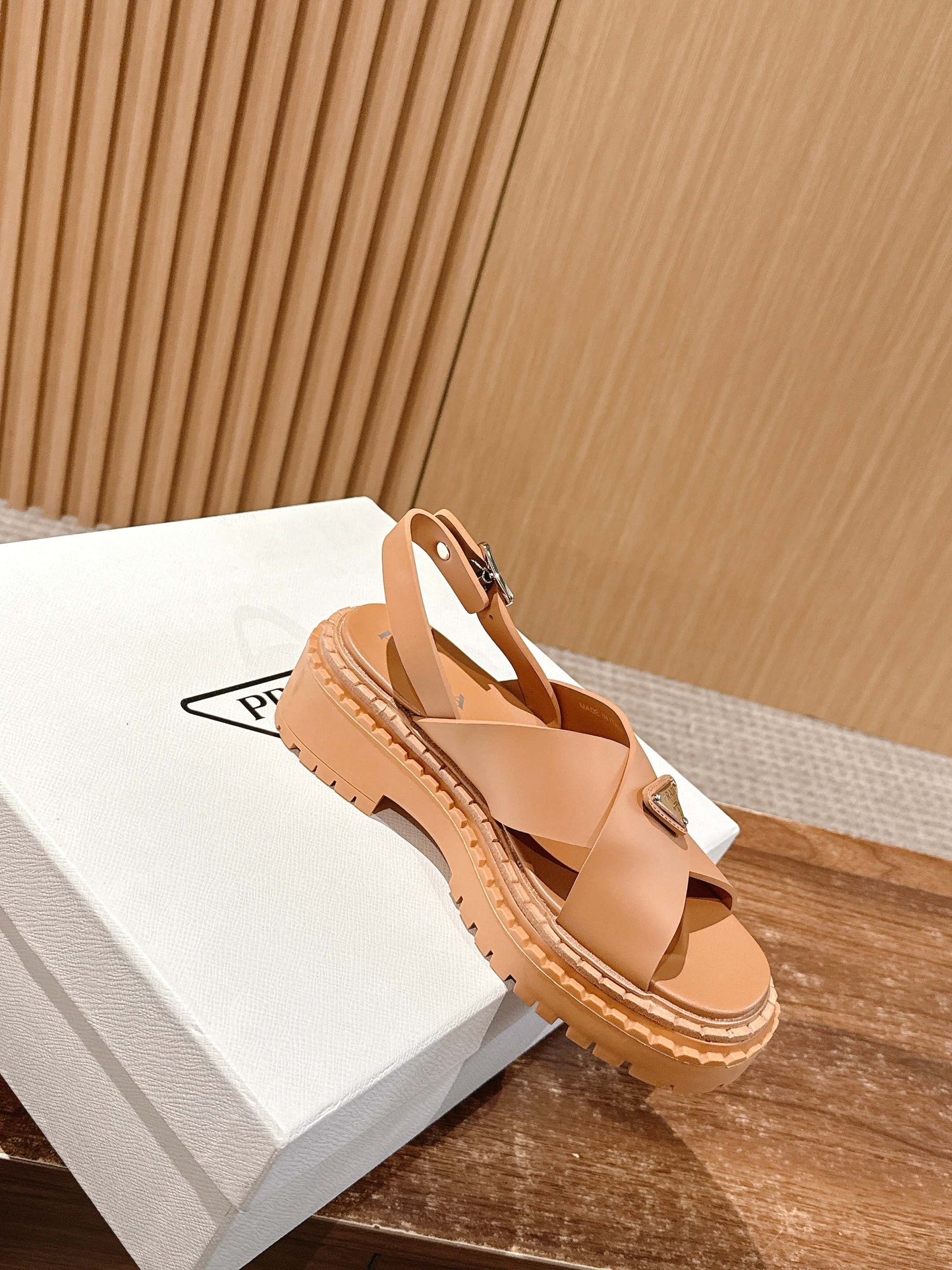 Prada New Cross-Strap Serrated-Sole Roman Thick-Platform Rubber Sandals, Brown