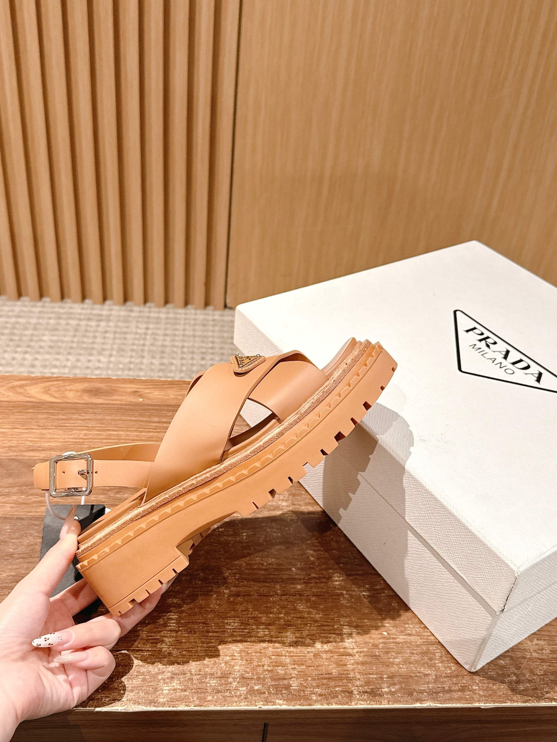 Prada New Cross-Strap Serrated-Sole Roman Thick-Platform Rubber Sandals, Brown