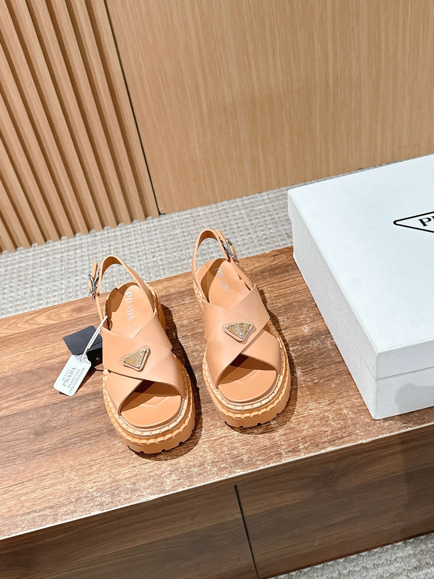 Prada New Cross-Strap Serrated-Sole Roman Thick-Platform Rubber Sandals, Brown