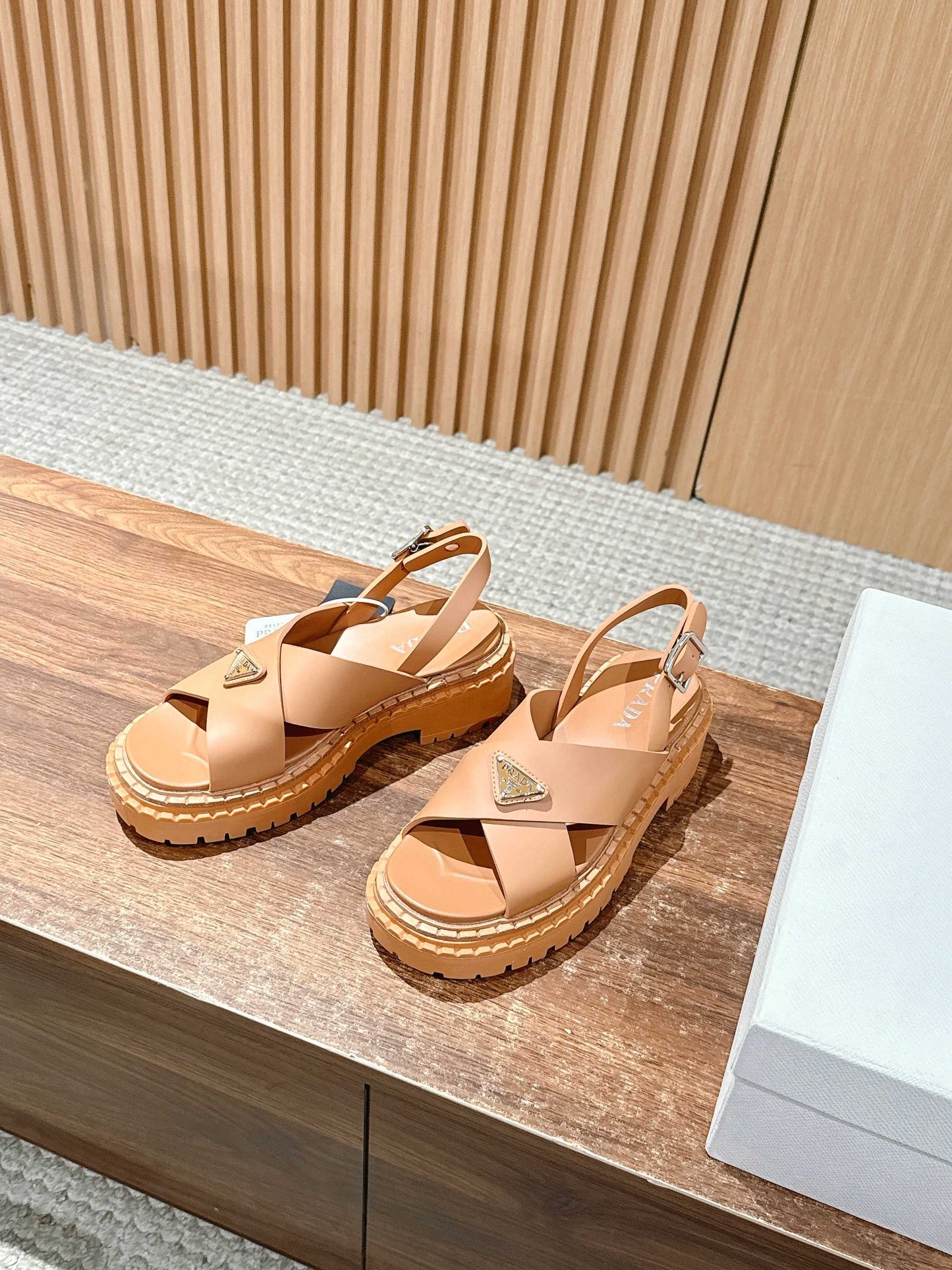 Prada New Cross-Strap Serrated-Sole Roman Thick-Platform Rubber Sandals, Brown