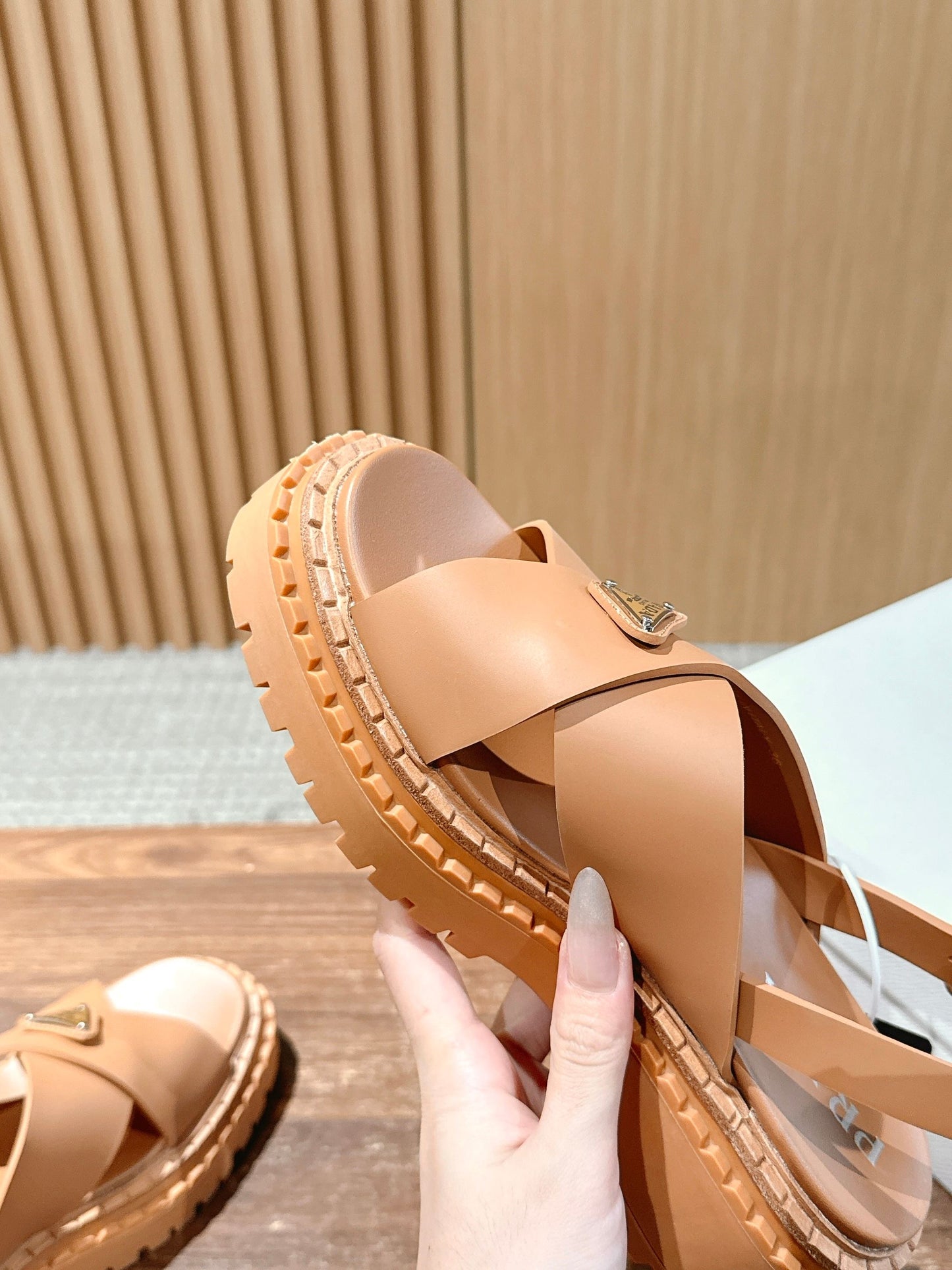 Prada New Cross-Strap Serrated-Sole Roman Thick-Platform Rubber Sandals, Brown