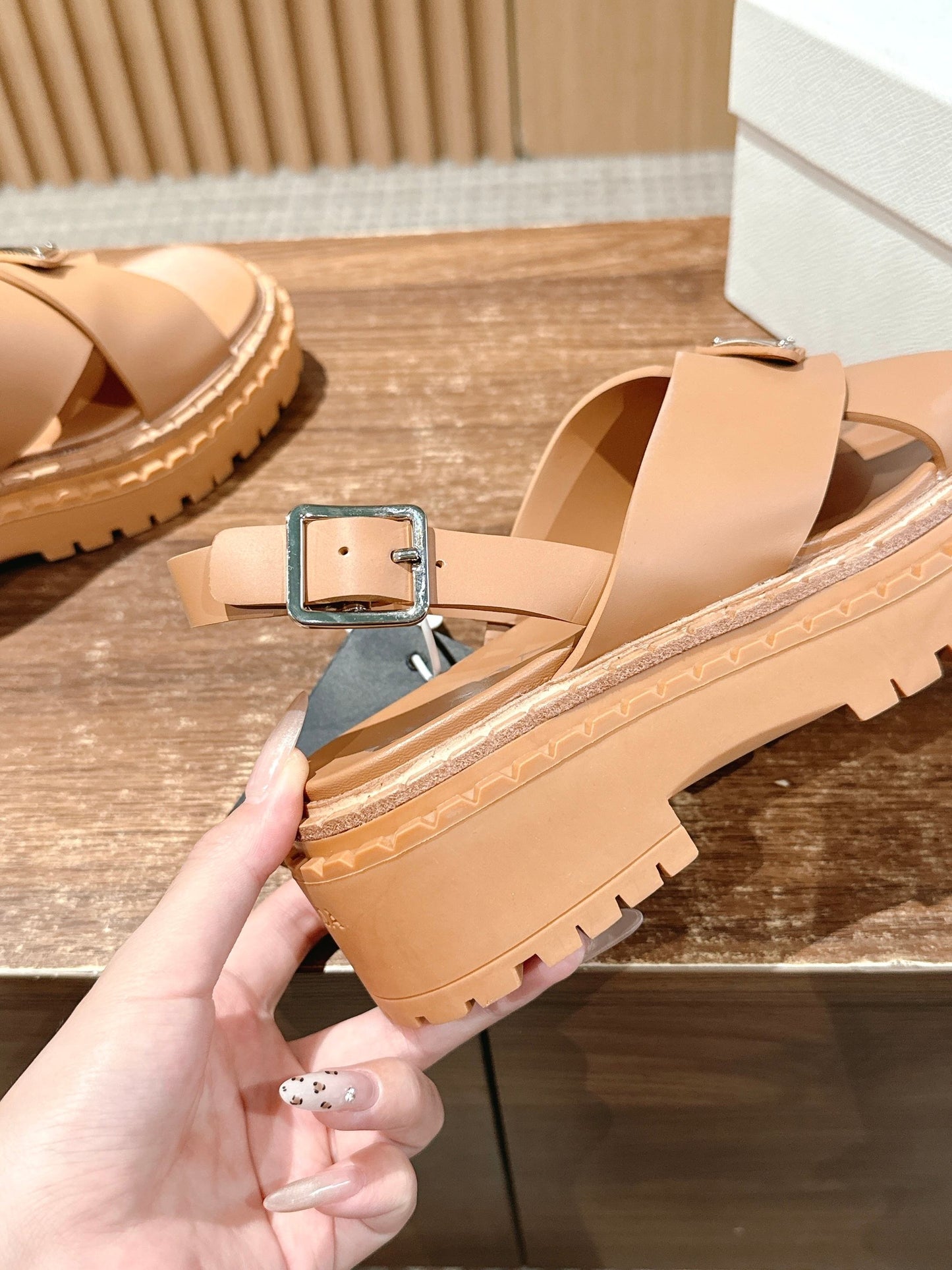 Prada New Cross-Strap Serrated-Sole Roman Thick-Platform Rubber Sandals, Brown