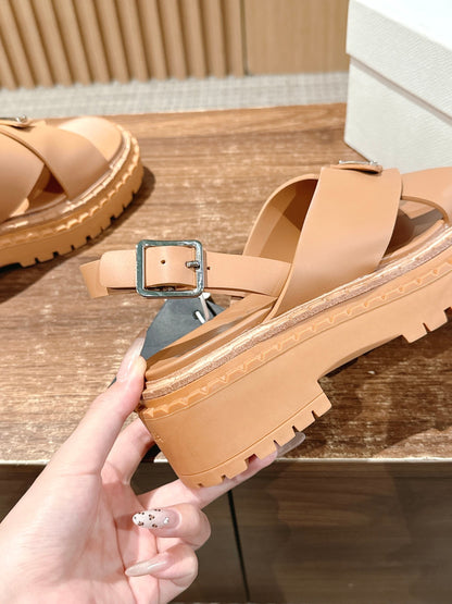 Prada New Cross-Strap Serrated-Sole Roman Thick-Platform Rubber Sandals, Brown