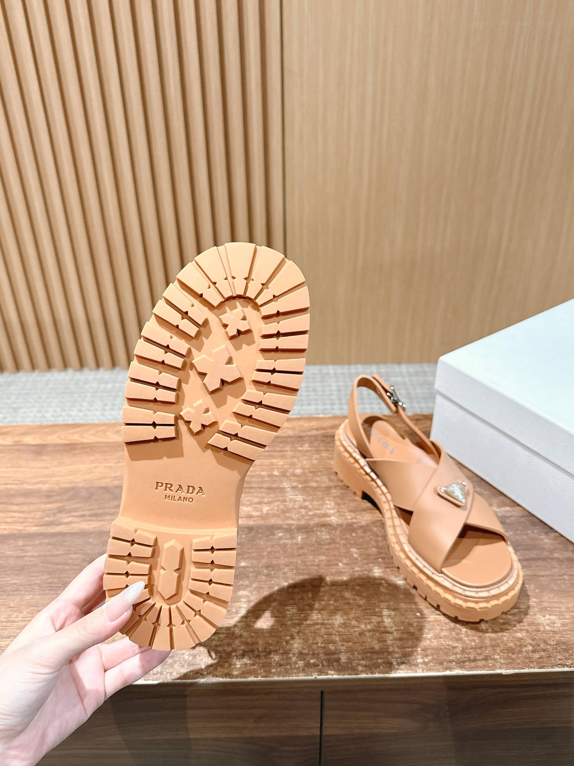 Prada New Cross-Strap Serrated-Sole Roman Thick-Platform Rubber Sandals, Brown