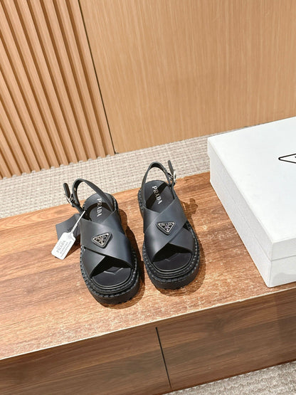 Prada New Cross-Strap Serrated-Sole Roman Thick-Platform Rubber Sandals, Black