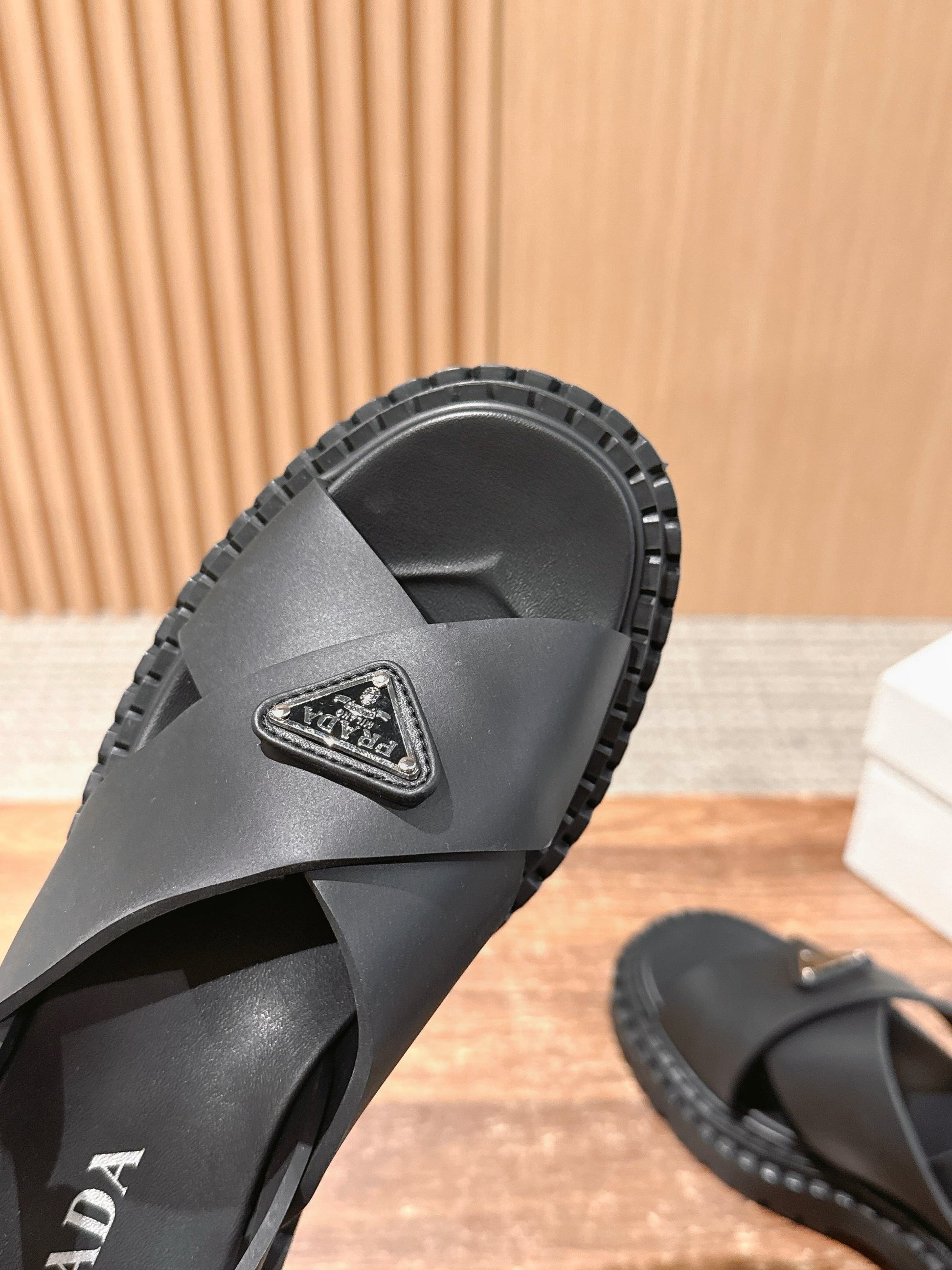Prada New Cross-Strap Serrated-Sole Roman Thick-Platform Rubber Sandals, Black