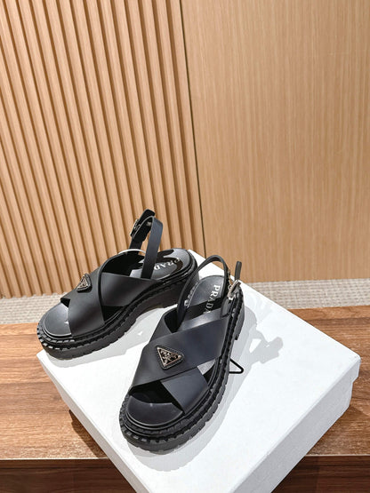 Prada New Cross-Strap Serrated-Sole Roman Thick-Platform Rubber Sandals, Black
