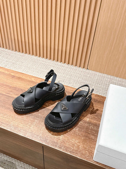 Prada New Cross-Strap Serrated-Sole Roman Thick-Platform Rubber Sandals, Black