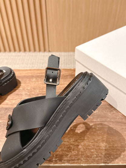 Prada New Cross-Strap Serrated-Sole Roman Thick-Platform Rubber Sandals, Black